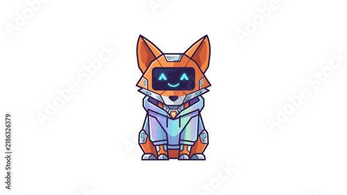 Robotic fox character with digital mask and orange hoodie.