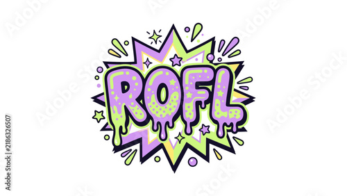 ROFL comic style sticker with green slime splash.