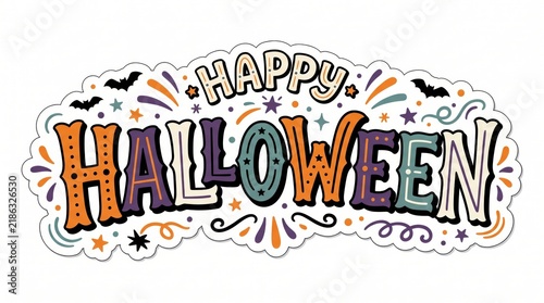 Happy halloween colorful text label with bats and stars for holiday celebration greeting card and party decoration design