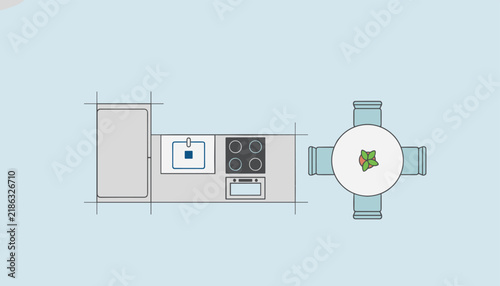 Top down architectural floor plan view of a modern kitchen with a sink, stove, fridge, and round dining table.