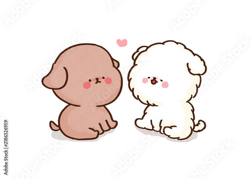 Obraz na plátně Cute toy poodle and maltese puppies gazing at each other with blushing cheeks, p