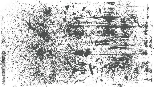 Distressed black grunge texture overlay with ink splatters and scratched pattern on white background. Flat vector illustration EPS 10.