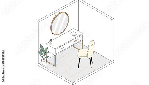 Clean isometric line drawing shows a modern vanity table with a round mirror, a stylish chair, and a potted plant in a room corner.