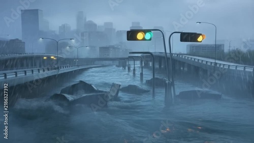 Cinematic Video Representation of a Devastating Urban Flood Catastrophe Overwhelming a Drowned City Highway Infrastructure