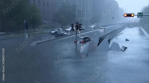Video footage of a major urban roadway flooding during a heavy rain storm showing vehicles trapped in deep water during an emergency weather event