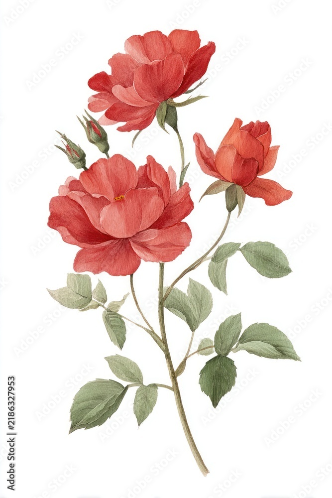 Fototapeta premium Elegant red roses watercolor illustration.