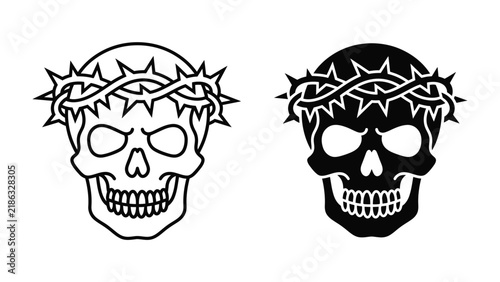 Bild auf Leinwand Skull with Crown of Thorns: Iconic imagery depicting a skull adorned with a crown of thorns, presented in both a stark outline and a bold silhouette