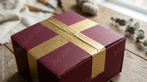 Maroon cardboard shipping box sealed with gold tape on a rustic wooden table