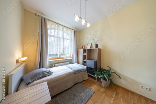 Cozy Minimal Bedroom With Single Bed, Natural Light, Neutral Decor and Indoor Plant