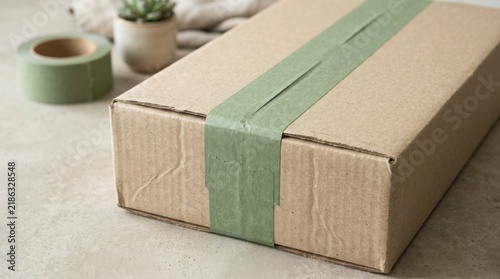 Cardboard shipping box sealed with green paper tape on a neutral surface