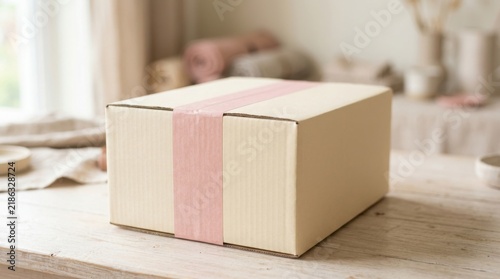 Cardboard shipping box sealed with pink tape on a wooden table surface