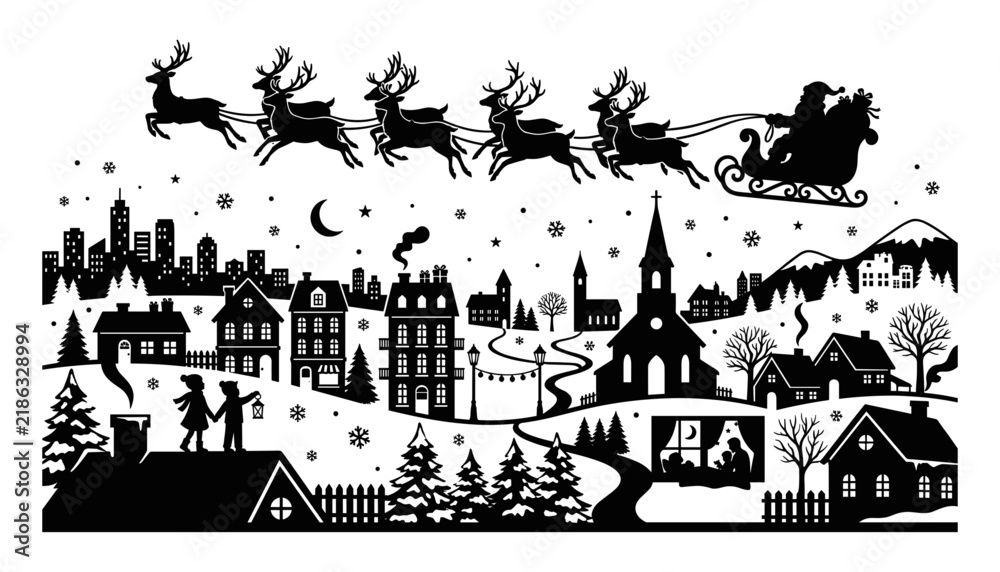 Fototapeta premium Santa Flying Sleigh Reindeer Vector Silhouette Christmas Winter Cityscape Landscape Isolated On White