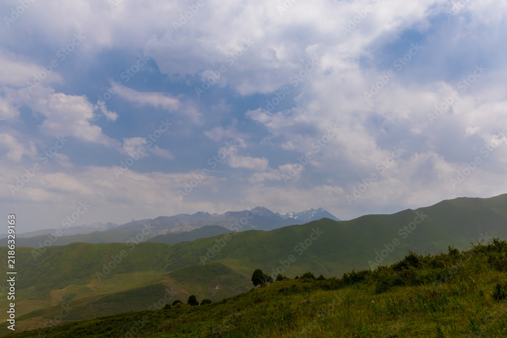 Fototapeta premium Panoramic View of Rolling Green Hills and Rugged Mountains