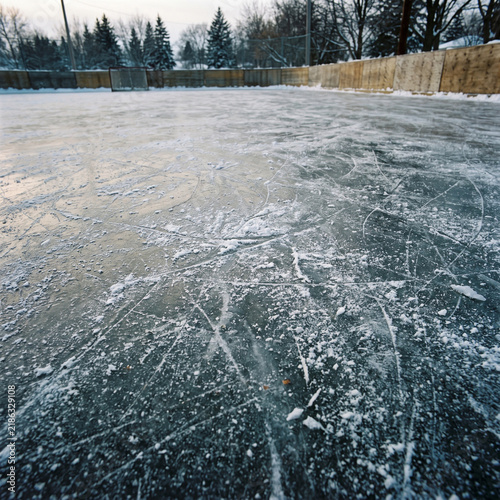 Natural scratched ice at the ice rink as texture or background for winter composition, large long picture