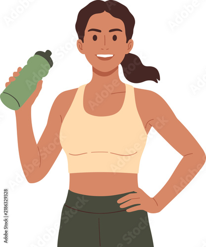 Happy young woman in sports clothes holding a water bottle isolated on transparent background