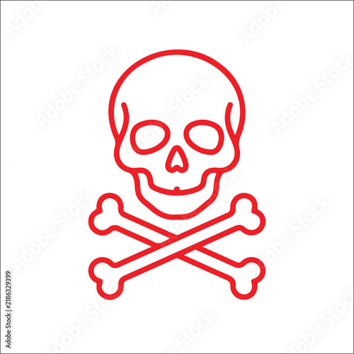 Minimalist black‑and‑white line art of a skull with crossed bones, symbolizing danger, poison, and hazard in a stylized design