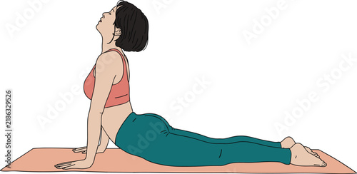Young woman practicing cobra yoga pose on a mat in a minimalist flat illustration style