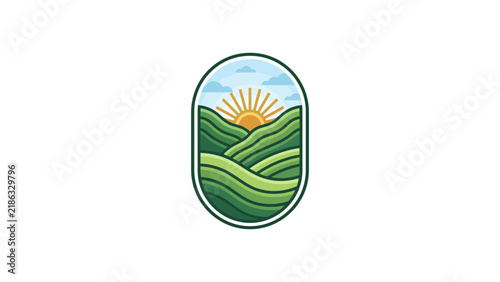 Scenic green hill landscape in vertical oval.