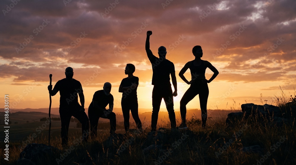 Fototapeta premium Diverse group of people silhouetted against a dramatic sunset on a hilltop celebrating success and teamwork