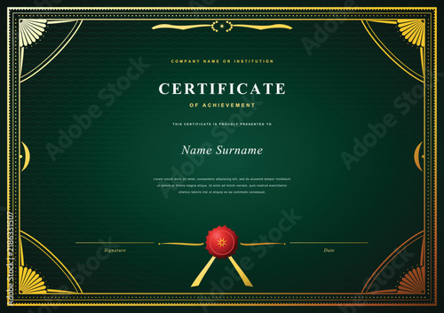 Elegant Achievement Certificate Template with Golden Ornate Border and Rich Emerald Green Background