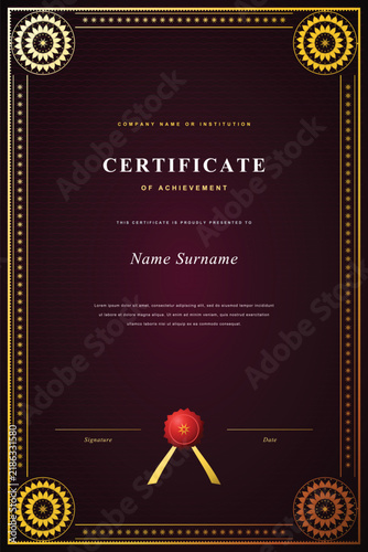 Elegant Achievement Certificate Template with Gold Ornate Border on Dark Red Background