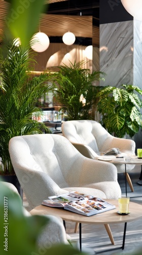Cozy relaxation area in a fitness club with armchairs and plants