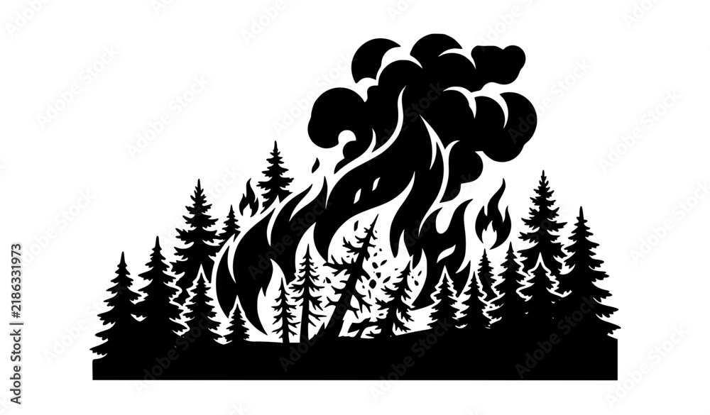 Fototapeta premium Wildfire Flames and Forest Trees Vector Silhouette Symbol for Disaster Awareness