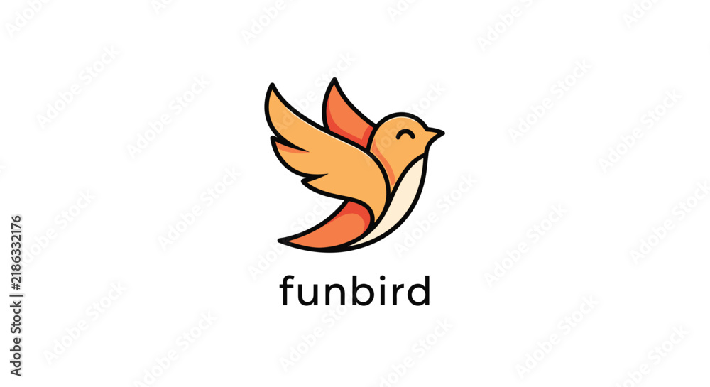 Obraz premium Modern minimalist logo design featuring a stylized flying orange bird with the name funbird underneath it.