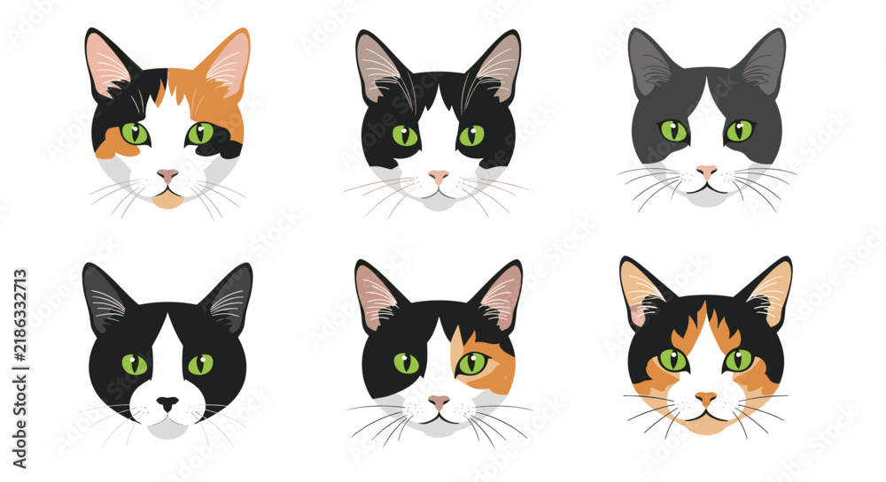 Fototapeta premium Collection of cute cat face portraits with different fur colors and green eyes is isolated on a white background.