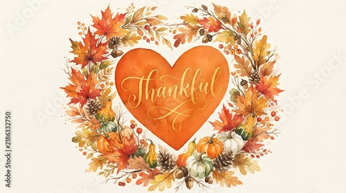 A beautiful and heartwarming thanksgiving heart shaped floral border filled with autumnal colors and textures perfect for invitations cards and festive decorations symbolizing gratitude and