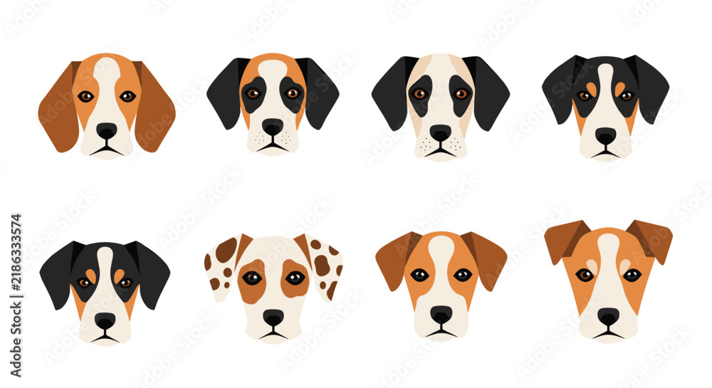 Fototapeta premium Collection of cute dog portraits showing different beagle and terrier breeds in a flat vector design on a white background.