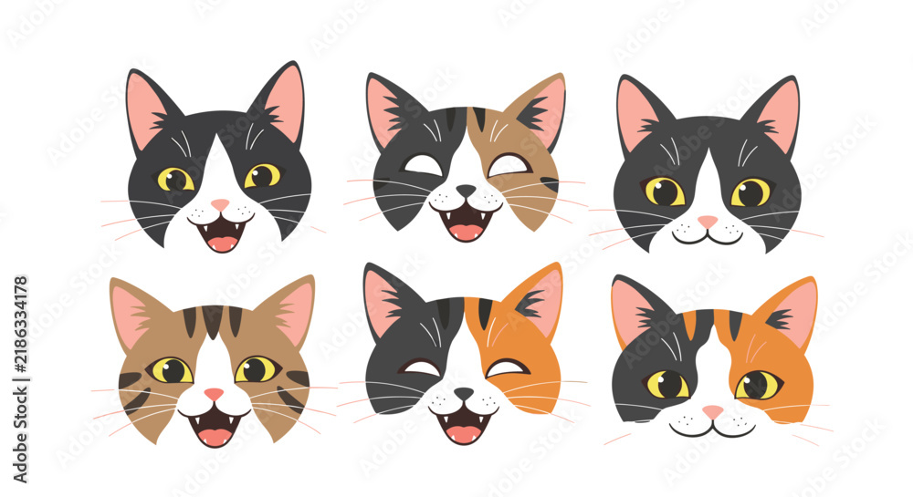 Fototapeta premium Six colorful cartoon cat face masks showcasing different cheerful and funny facial expressions on a white background.