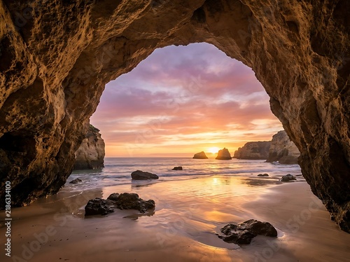 Ocean beach view from cave entrance during colorful sunset with calm water and rock formations.