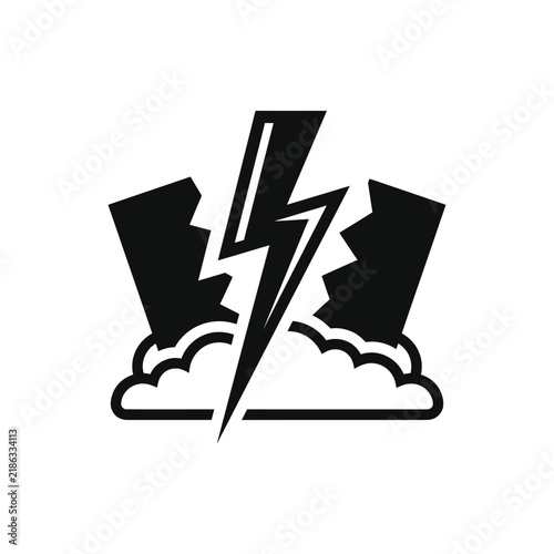 Shattered lightning bolt striking between cloud shapes.