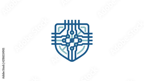 Shield emblem integrated with a digital circuit board pattern.