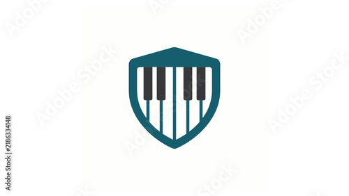 Shield emblem with integrated piano keys logo design.