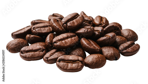 Pile of roasted dark brown coffee beans, isolated on transparent background
