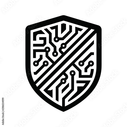 Shield icon with integrated circuit board trace patterns.