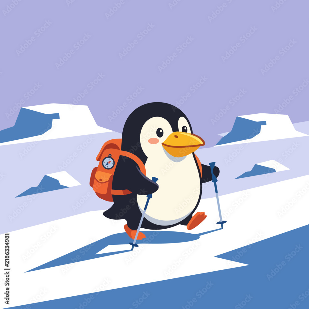 Fototapeta premium Cute cartoon penguin with backpack and ski poles.