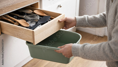 Person putting kitchen utensils from a wooden drawer into a green plastic container with kitchen organization drawer organizer sorting utensils organizing kitchen plastic bin kitchen stora