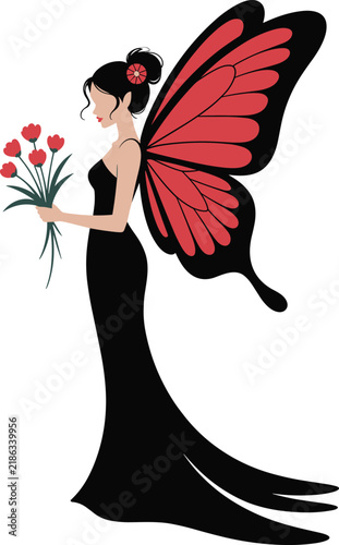 Elegant fairy character with butterfly wings holding a bouquet of red flowers on white background