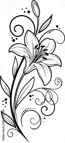 Elegant hand drawn lily flower illustration with artistic swirls and dots