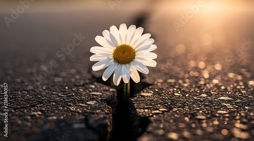 Emerging from a deep crack in the dark asphalt, a tenacious daisy displays its delicate white petals under the gentle, warm glow of the evening sun.