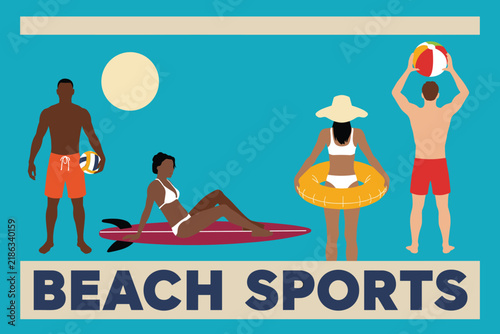 Flat illustration of diverse people enjoying various summer activities on the sunny beach