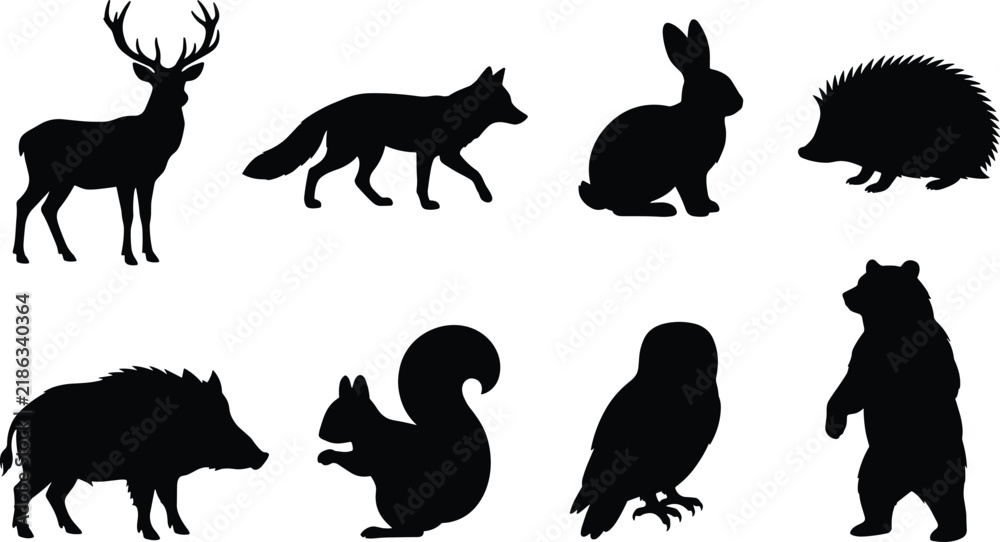 Fototapeta premium Collection of forest wildlife animal black silhouettes including deer fox rabbit hedgehog boar squirrel owl and bear in image.