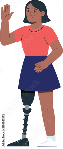 Flat vector illustration of a happy young woman with a prosthetic leg waving hello
