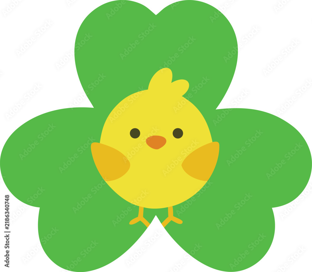 Fototapeta premium Cute yellow baby chick inside a green clover leaf icon Vector