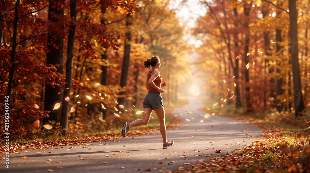 Fototapeta premium Woman running on park path surrounded by golden autumn foliage. Athlete jogging through fall forest as leaves swirl in the air around her.