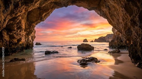 Cave entrance framing serene ocean at colorful sunset with dramatic clouds and sandy beach with rocks providing serene travel backdrop.