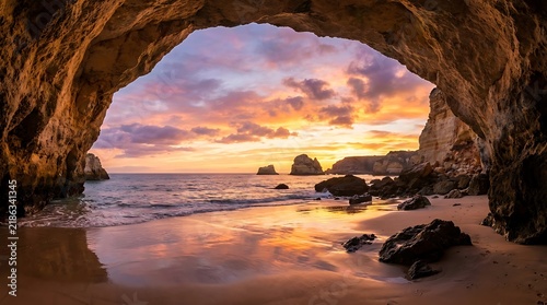 Cave entrance framing serene ocean at colorful sunset with dramatic clouds and sandy beach with rocks providing serene travel backdrop.